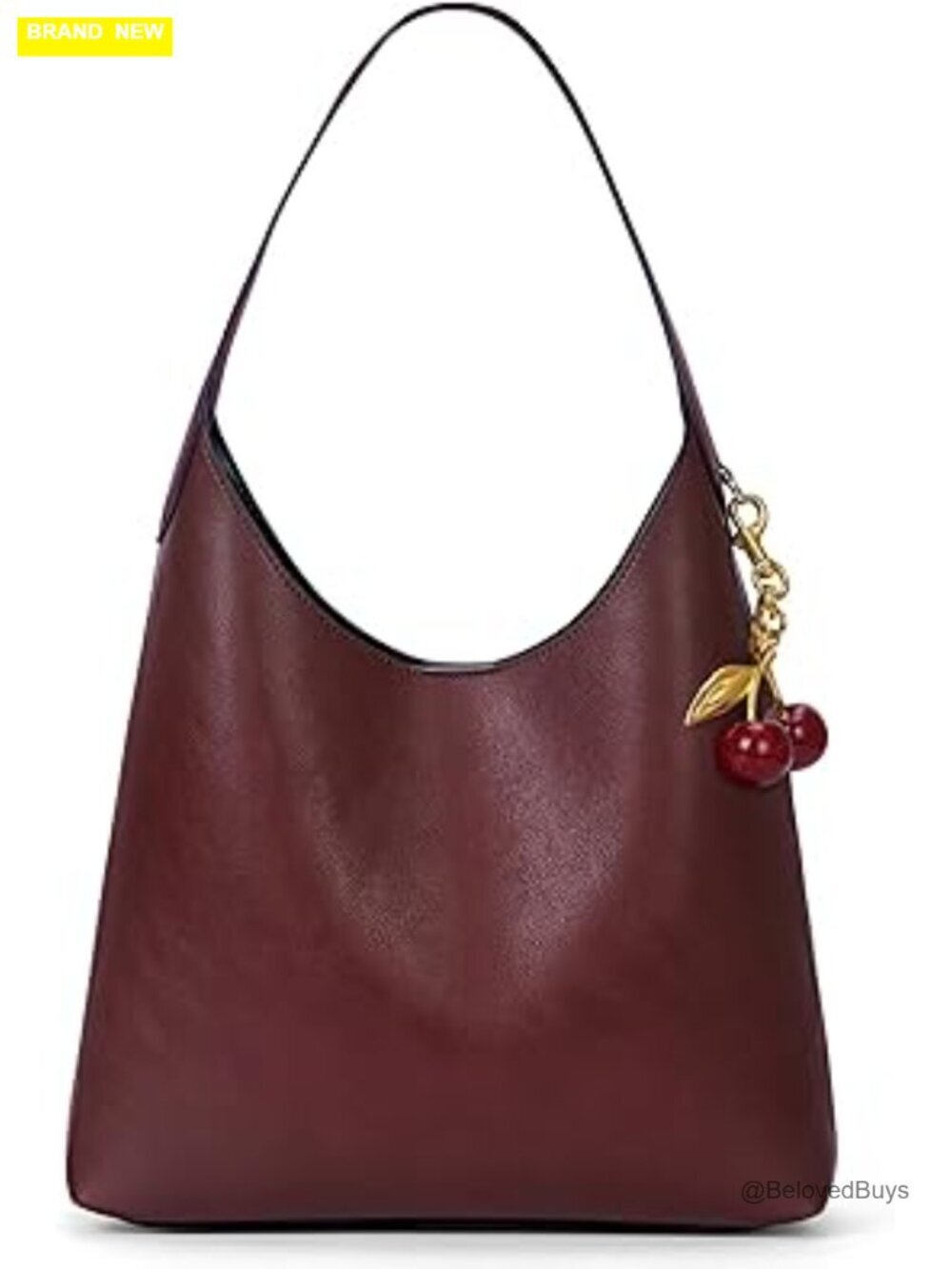 Faux Suede Vegan Leather Hobo Bag with Cherry Charm Slouchy Tote Shoulder Bag